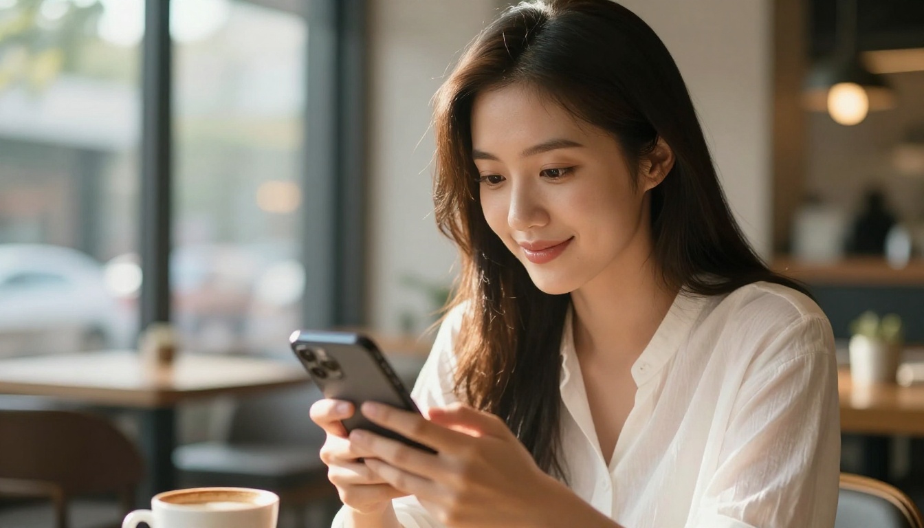 Beautiful young Asian woman in a warmly lit modern cafe holding her smartphone, engaged expression