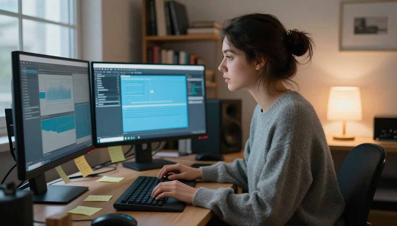 Young woman at a sleek creative workstation with dual monitors, focused expression, home studio