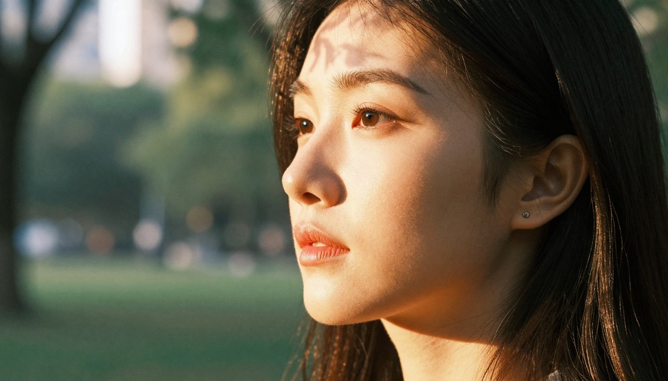 Close-up portrait of beautiful young Asian woman outdoors in golden morning light, soft bokeh background