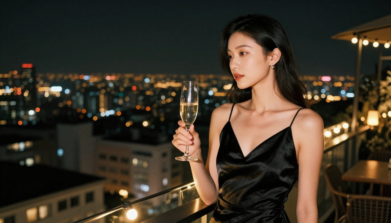 Elegant young Asian woman in sleek black satin dress on a rooftop at night, glittering city skyline