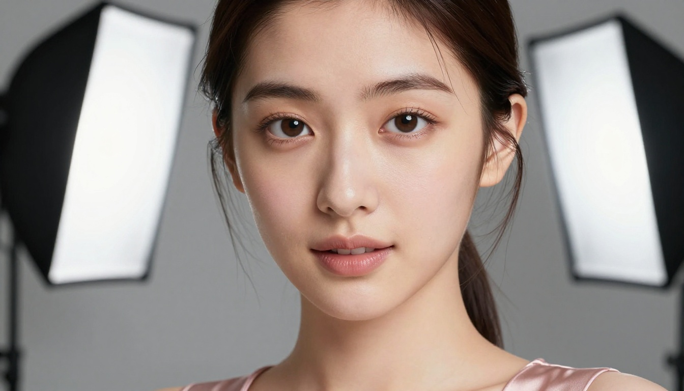 Intimate close-up beauty portrait of young Japanese woman, soft diffused studio lighting, warm skin tones