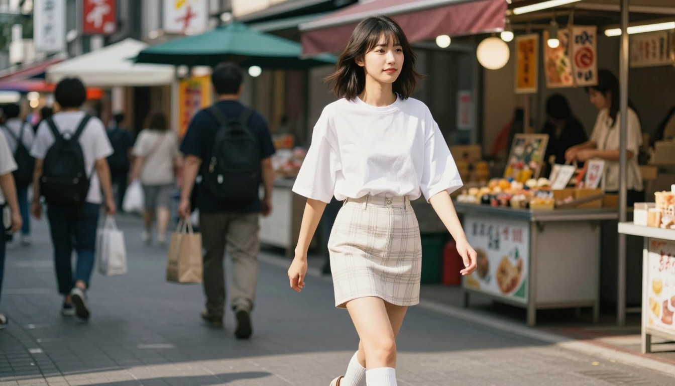 Stylish young Asian woman walking through a busy Tokyo street market, candid fashion photography
