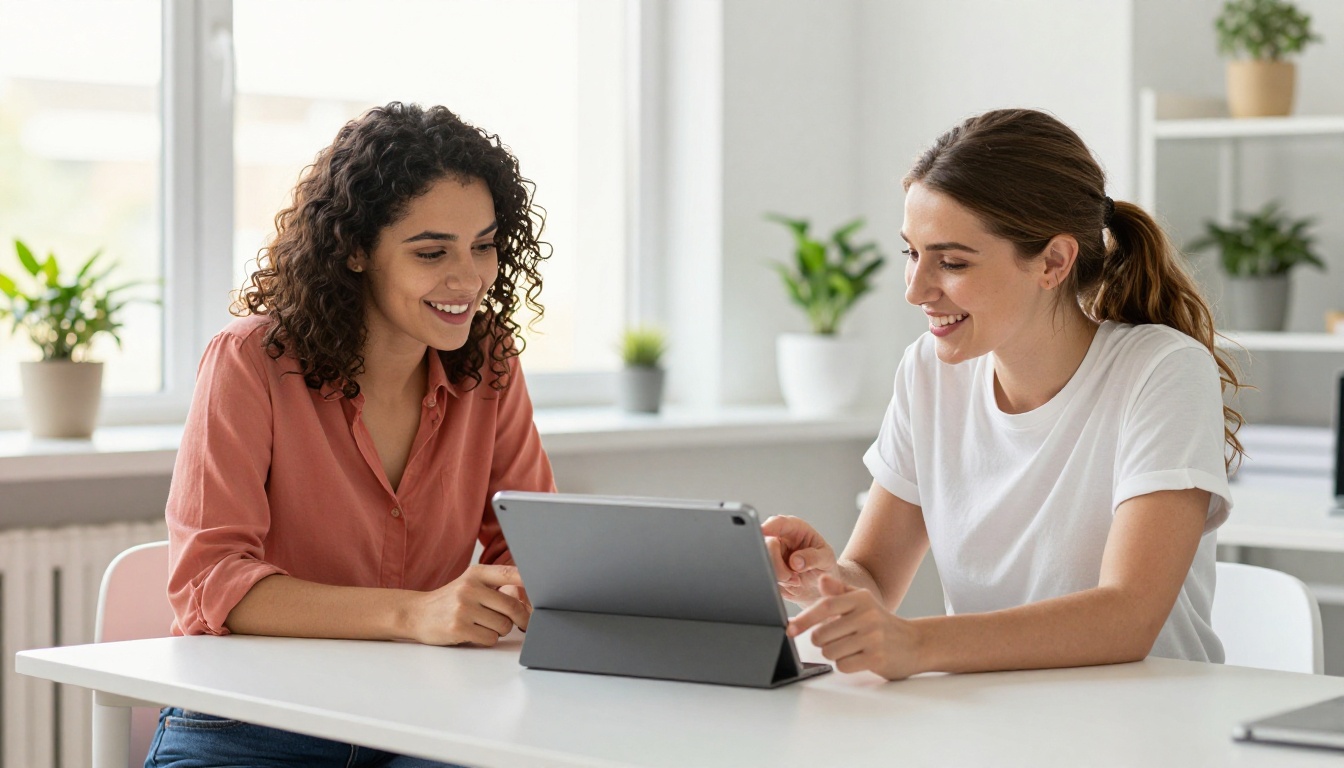 Two young women collaborating on a tablet in a bright open workspace, natural morning light