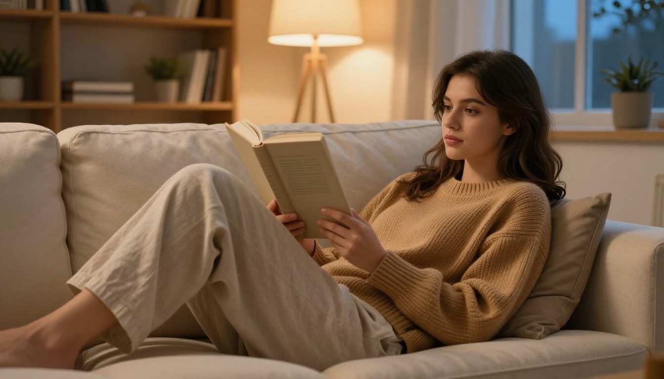Beautiful young woman reclining on a plush cream sofa in a warmly lit cozy living room at dusk