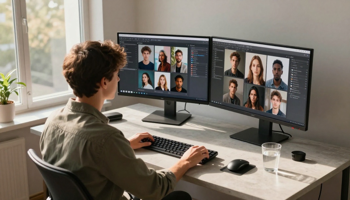 A young creative professional seated at a minimalist workstation with AI portrait generation interface on dual monitors