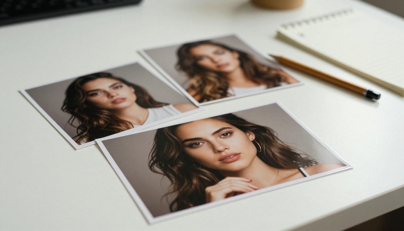 Two identical printed portrait photographs side by side on a white studio table with handwritten notes and a mechanical pencil