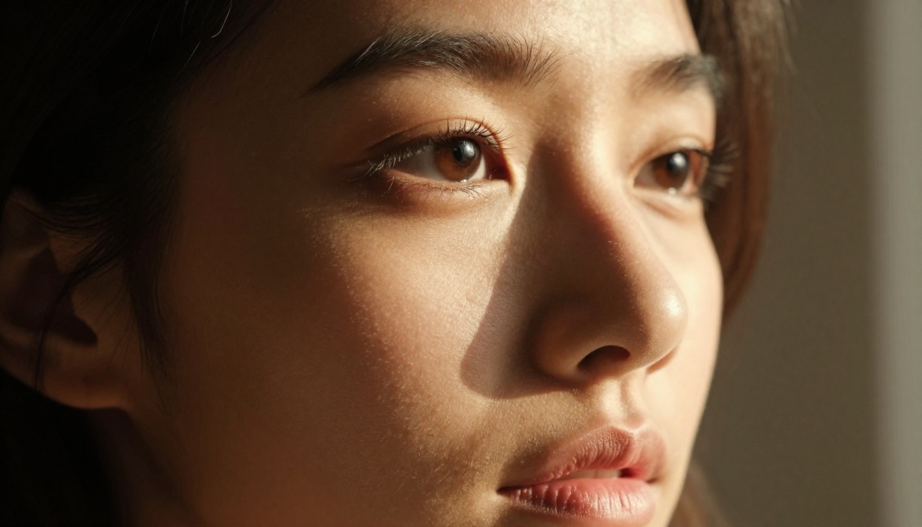 Intimate close-up portrait of a woman with warm olive skin tone and soft natural window light creating sculpted shadows across her face