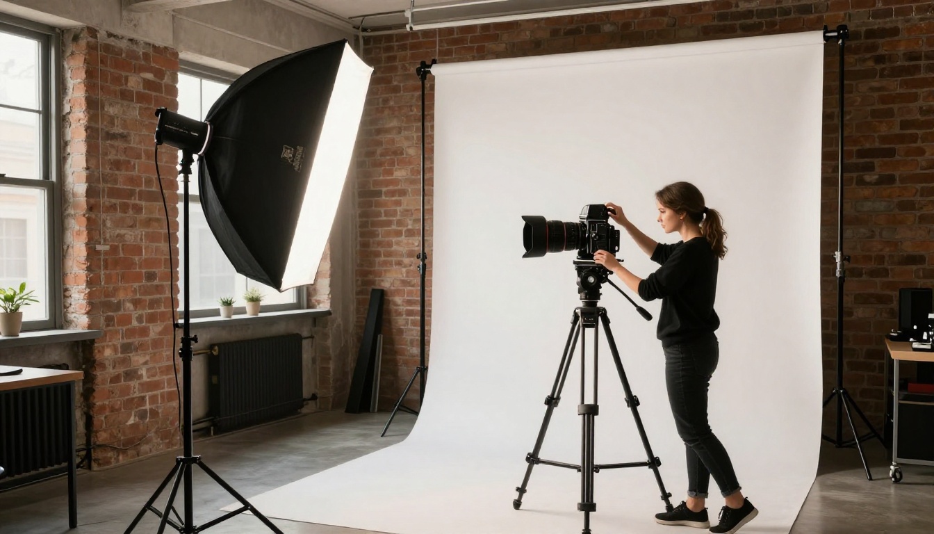 A professional portrait photography studio with a medium-format camera on tripod, large softbox light, and exposed brick wall in the background
