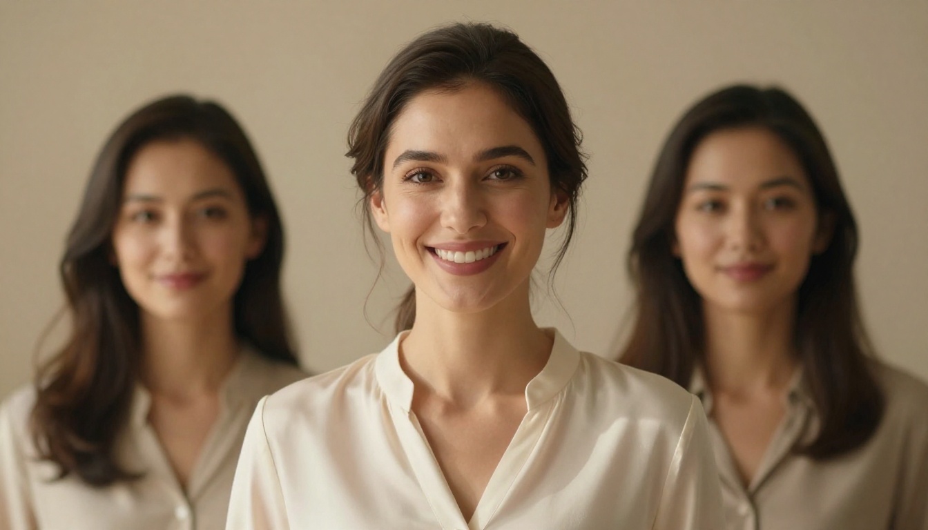 Three-quarter view portrait of a professional woman with a warm genuine smile, soft afternoon window light, and a subtle plaster-texture beige wall background