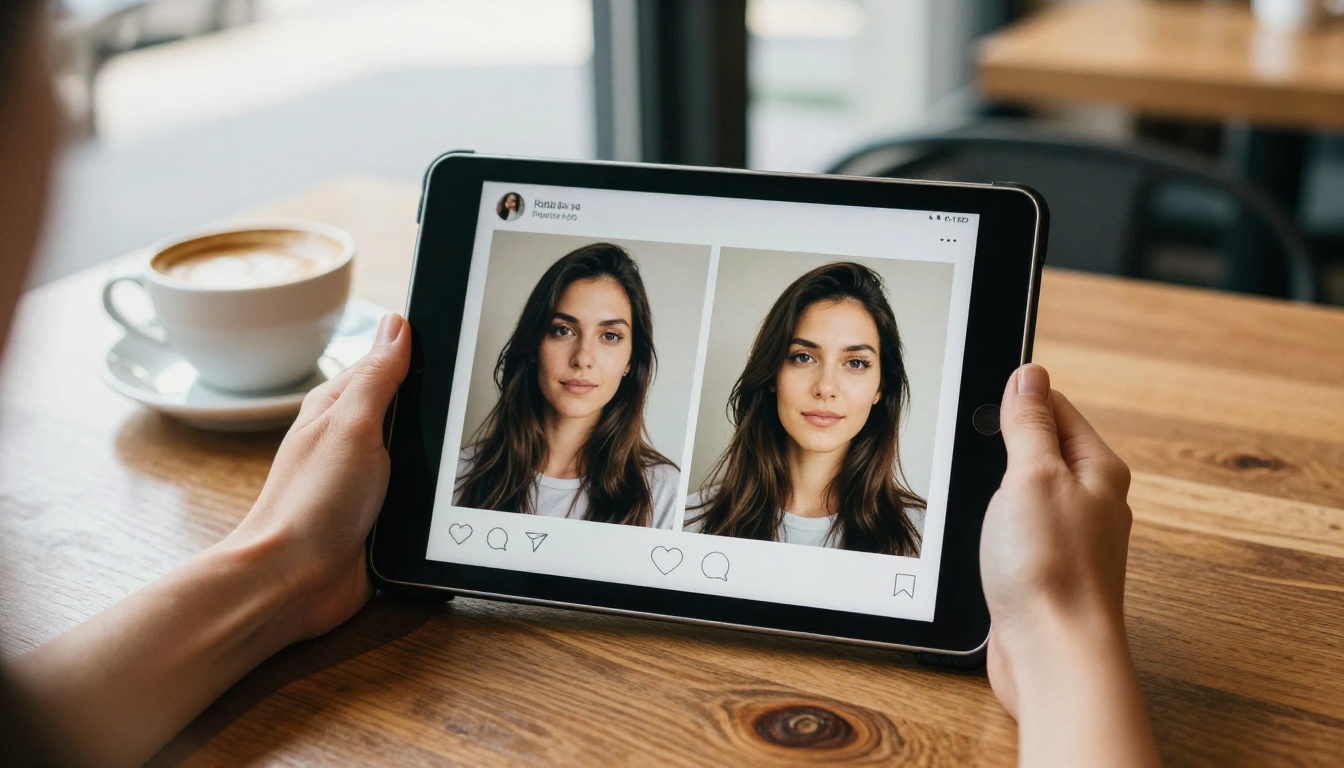 Woman's hands holding a tablet displaying portrait comparison results at a café table with warm natural daylight and a latte in soft background bokeh
