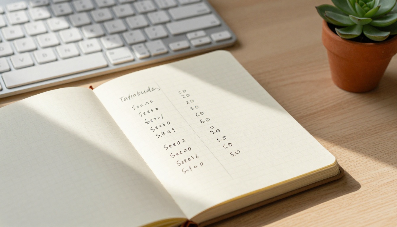 Close-up flat lay of an open notebook with handwritten seed number parameters on grid paper, a mechanical keyboard, and a small succulent in terracotta on a light oak desk