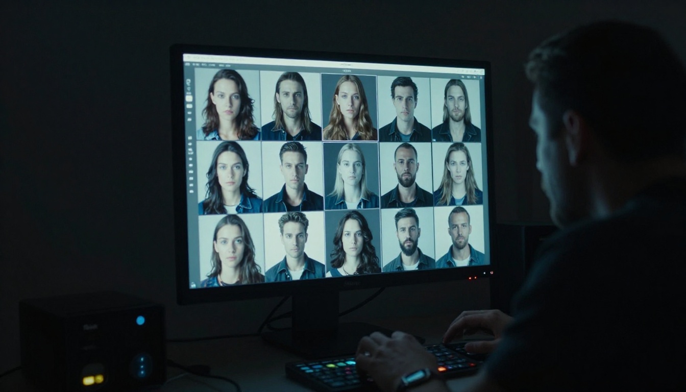 A photographer reviewing a grid of consistent AI portrait results on a large calibrated monitor in a darkened post-production studio, the screen casting cool blue light on the environment