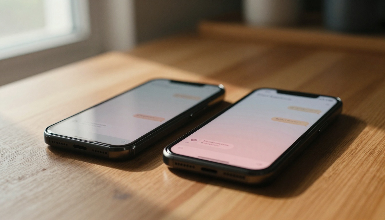 Two smartphones side by side on a wooden table showing warm chat bubbles