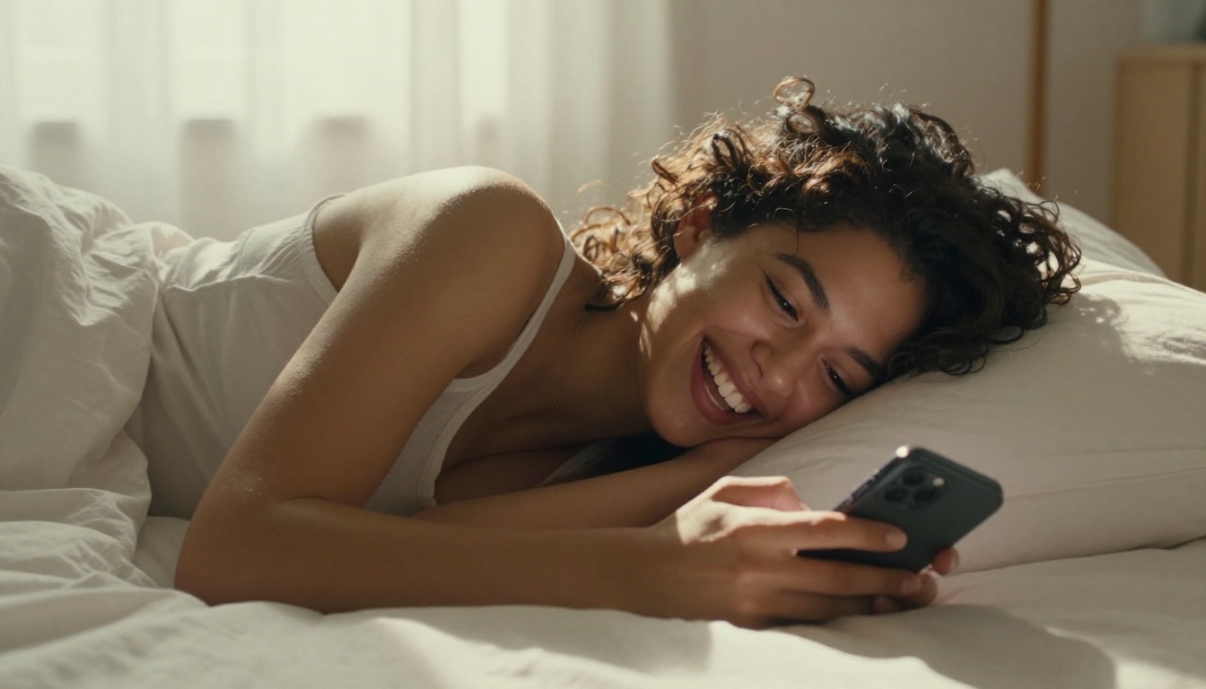 Woman with curly dark hair laughing on sunlit bed while typing on phone
