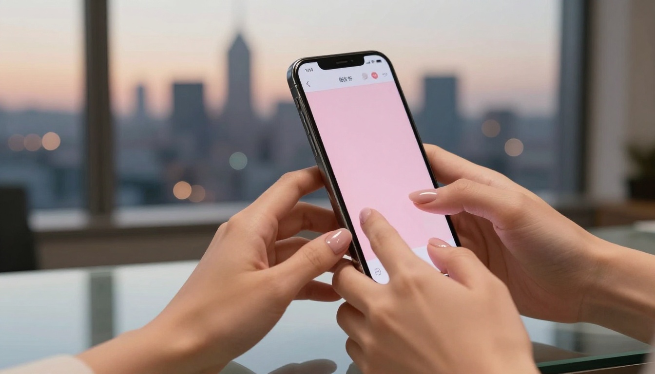 Woman's hands holding smartphone with blush chat interface on glass desk