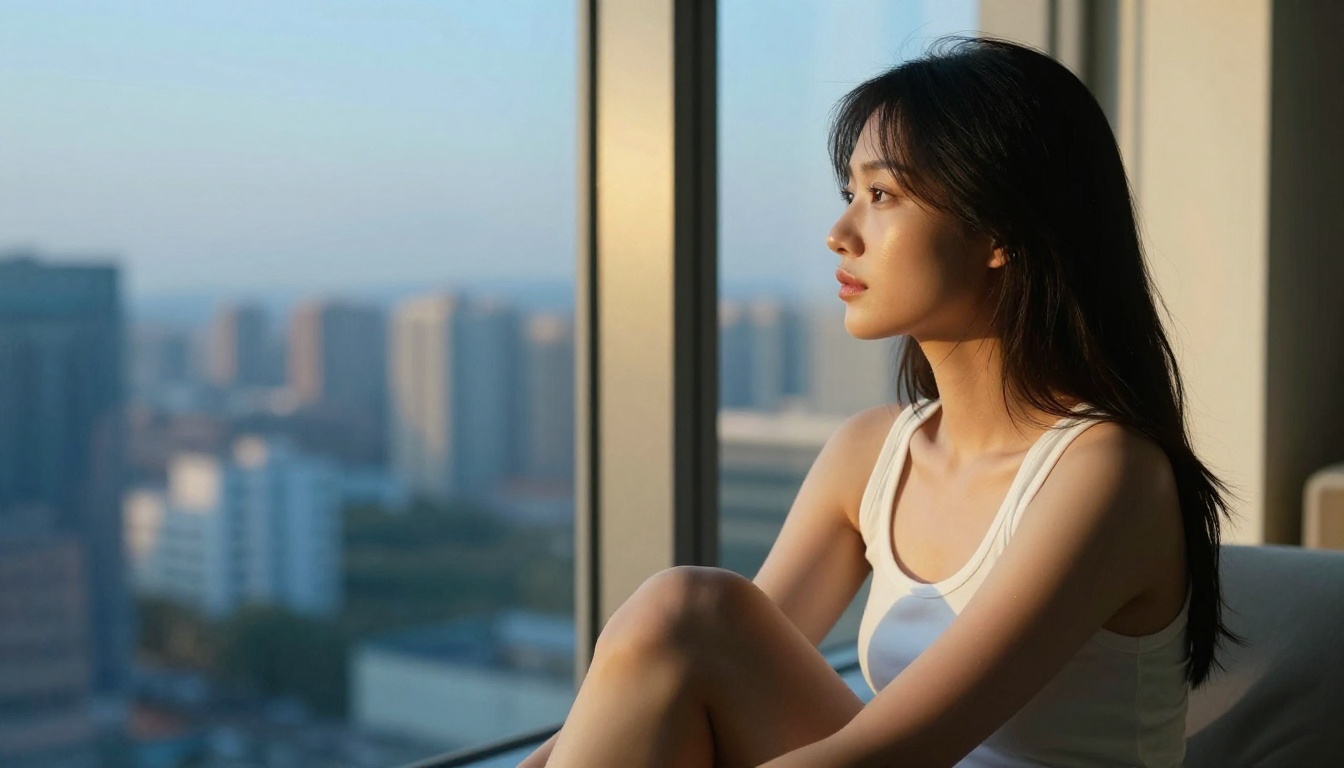 Beautiful woman in side profile by floor-to-ceiling window with golden hour light