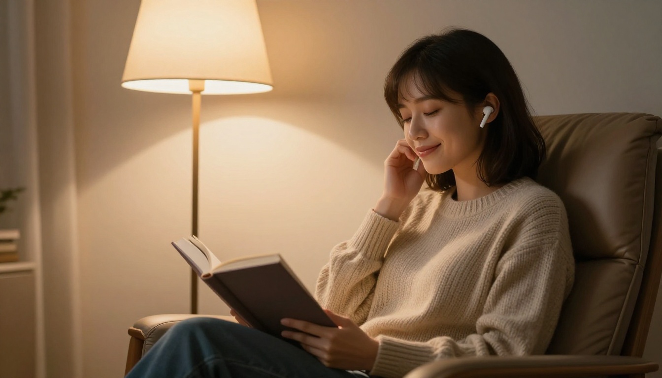 Woman with wireless earbuds in cozy reading chair with warm lamp light