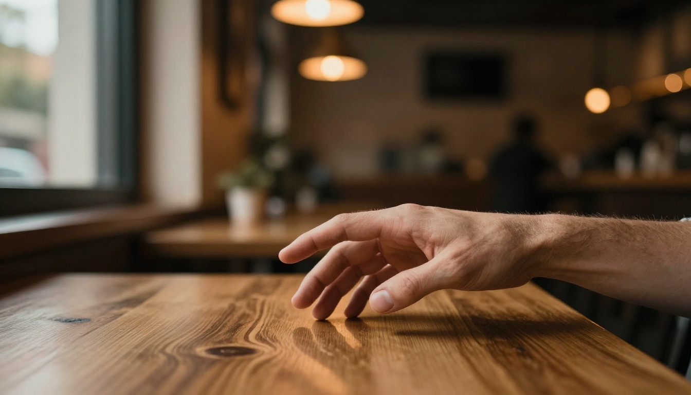 Two hands reaching toward each other across a wooden cafe table in warm amber light