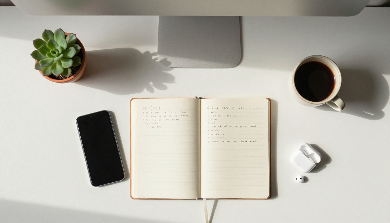 Overhead flat-lay of minimalist desk with smartphone, journal, coffee, and earbuds