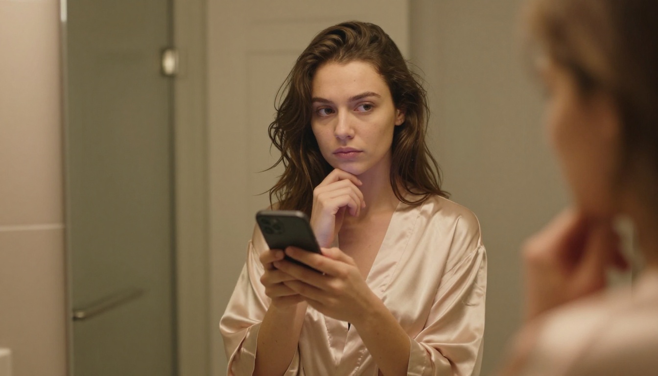Woman in pale blush silk robe looking at reflection in mirror with warm vanity lighting