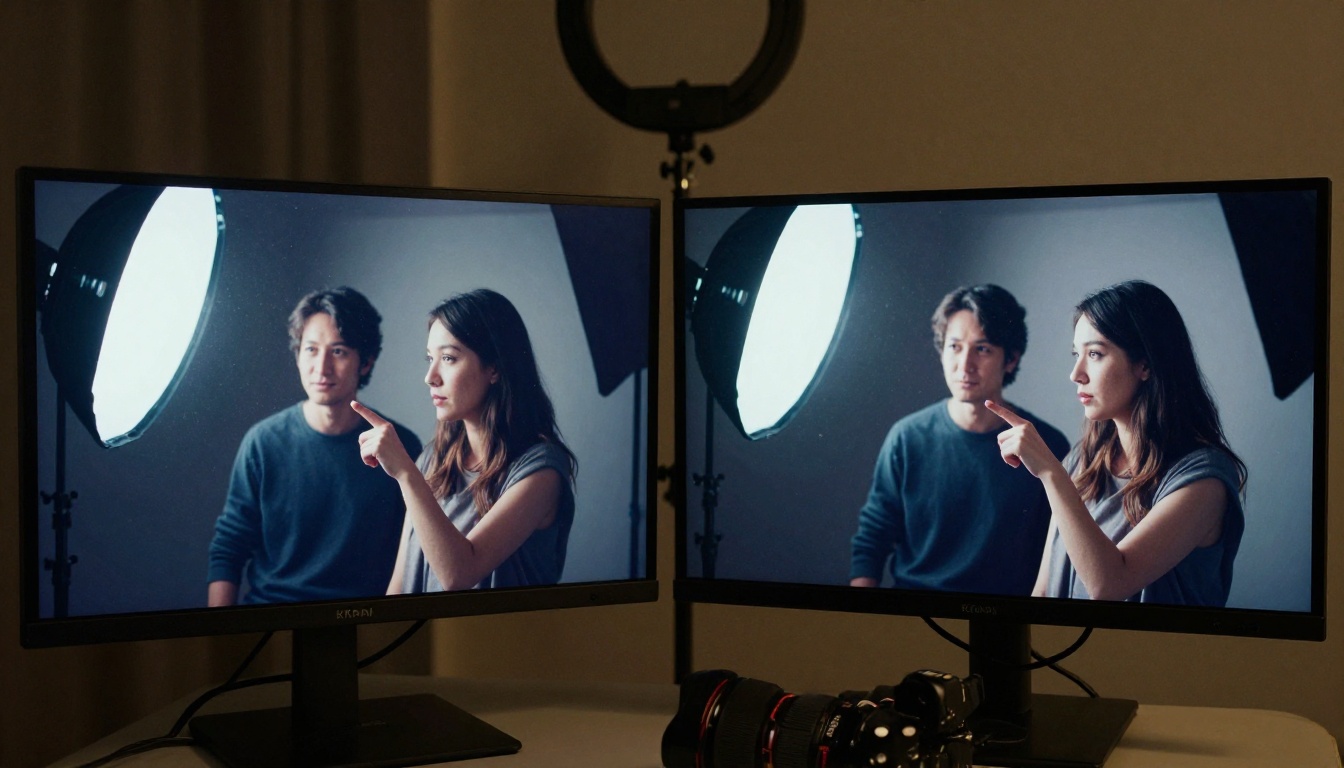 Studio comparison of AI-generated images on professional monitors