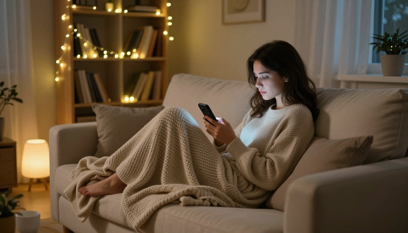 Young woman curled up on cream sofa at night with fairy lights and glowing phone