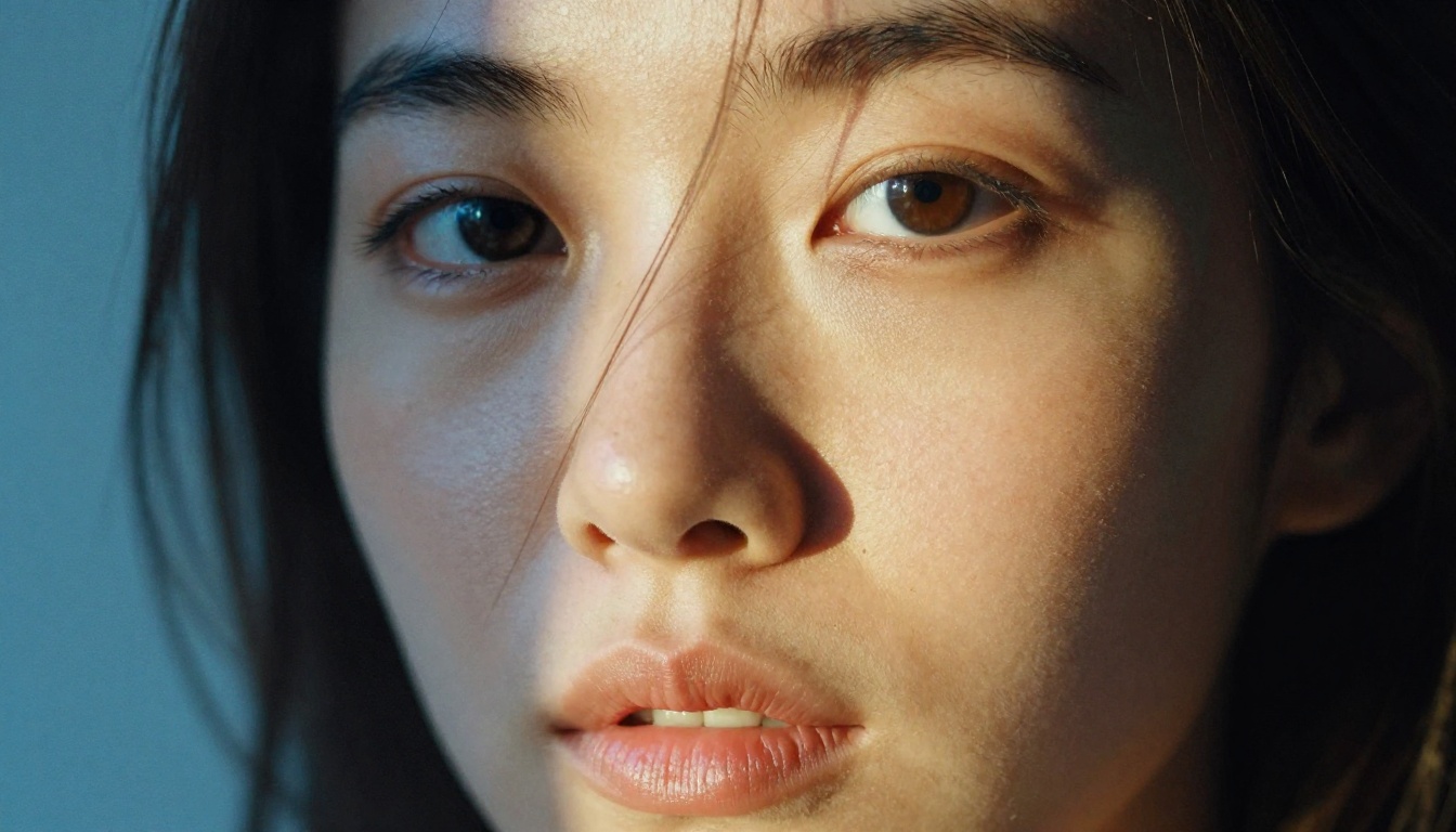 Natural no-makeup close-up portrait with Rembrandt lighting