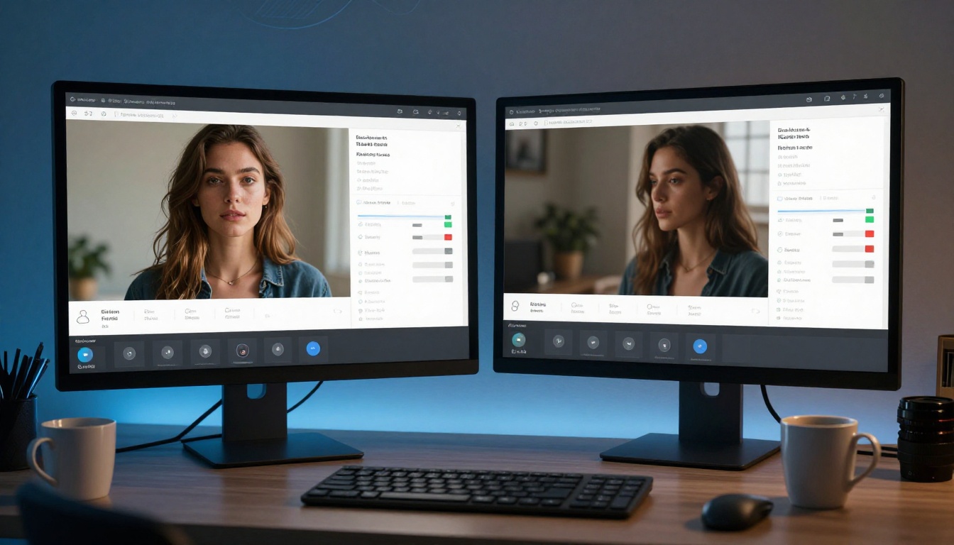 AI comparison interface on professional monitors in creative studio