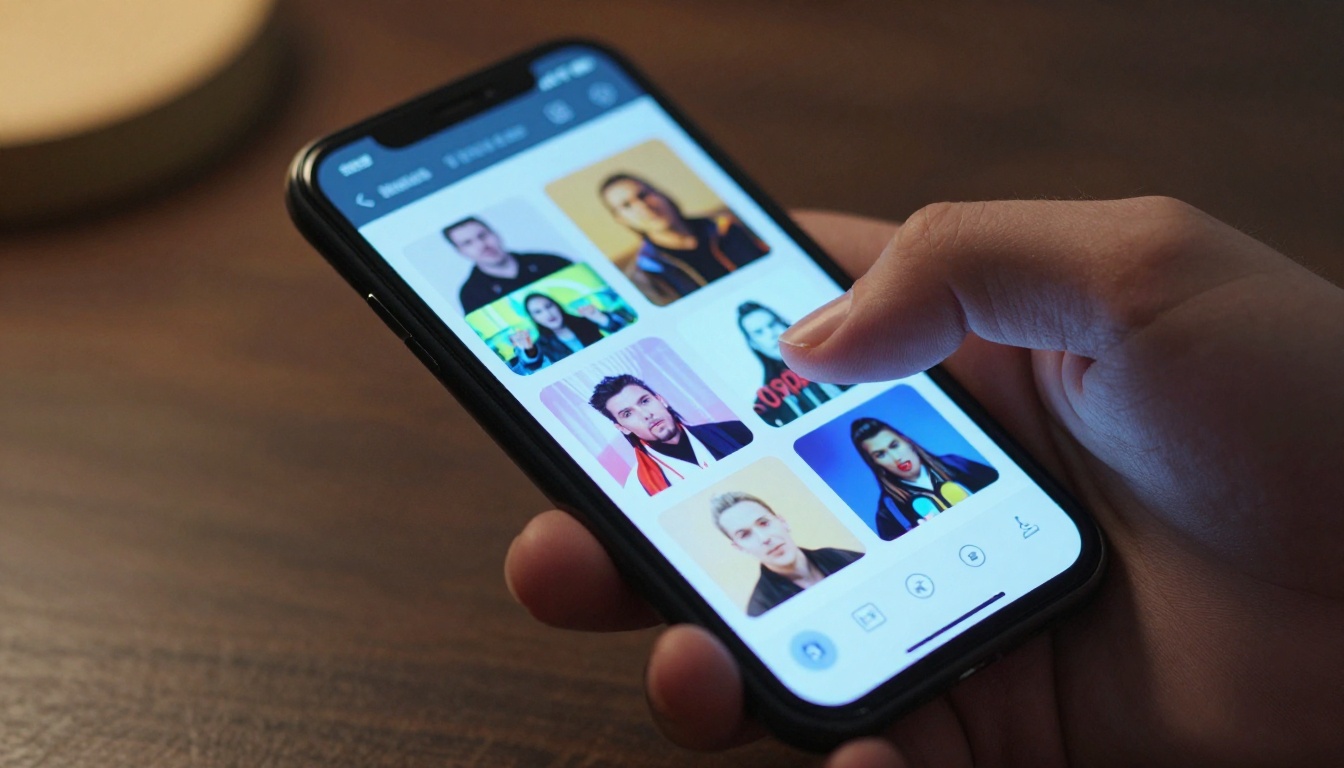 Close-up of a smartphone showing AI video template selection grid