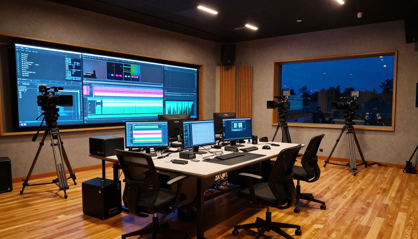 Professional video production studio with multiple monitors at twilight