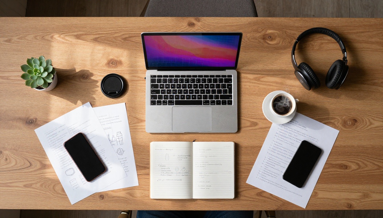 Aerial flat lay of a creative workspace with laptop and tools