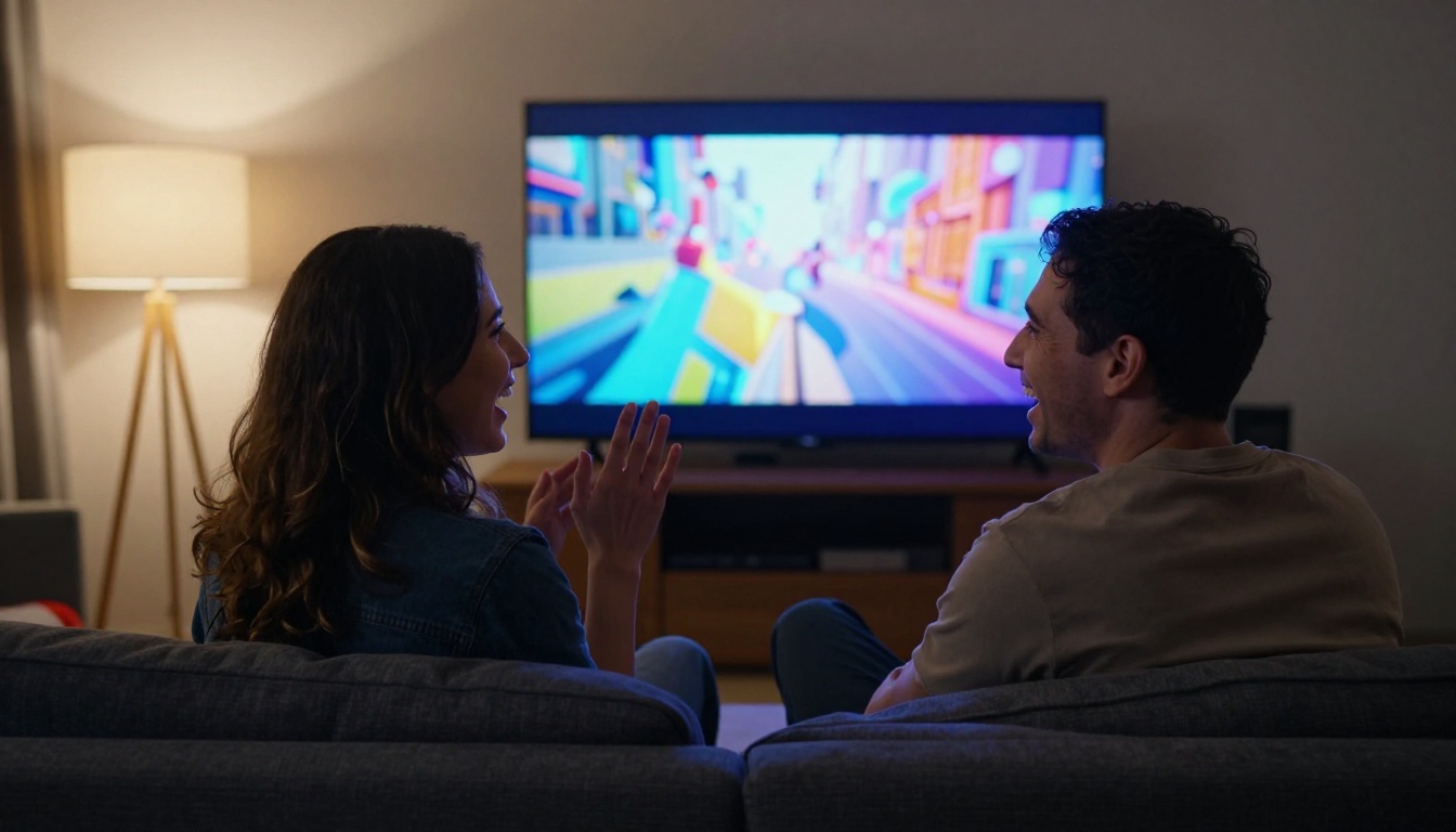 Two friends watching AI-generated video content together at home