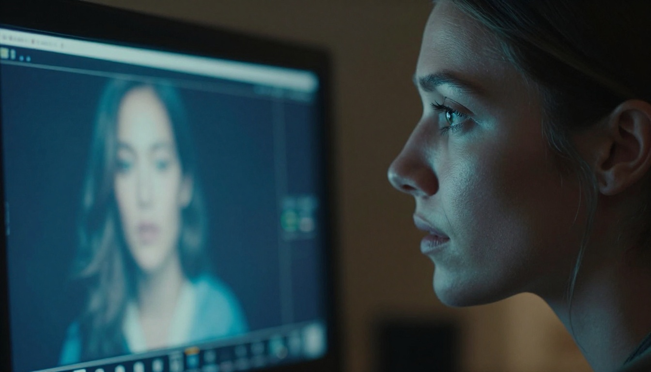 Female filmmaker reviewing footage at professional reference monitor