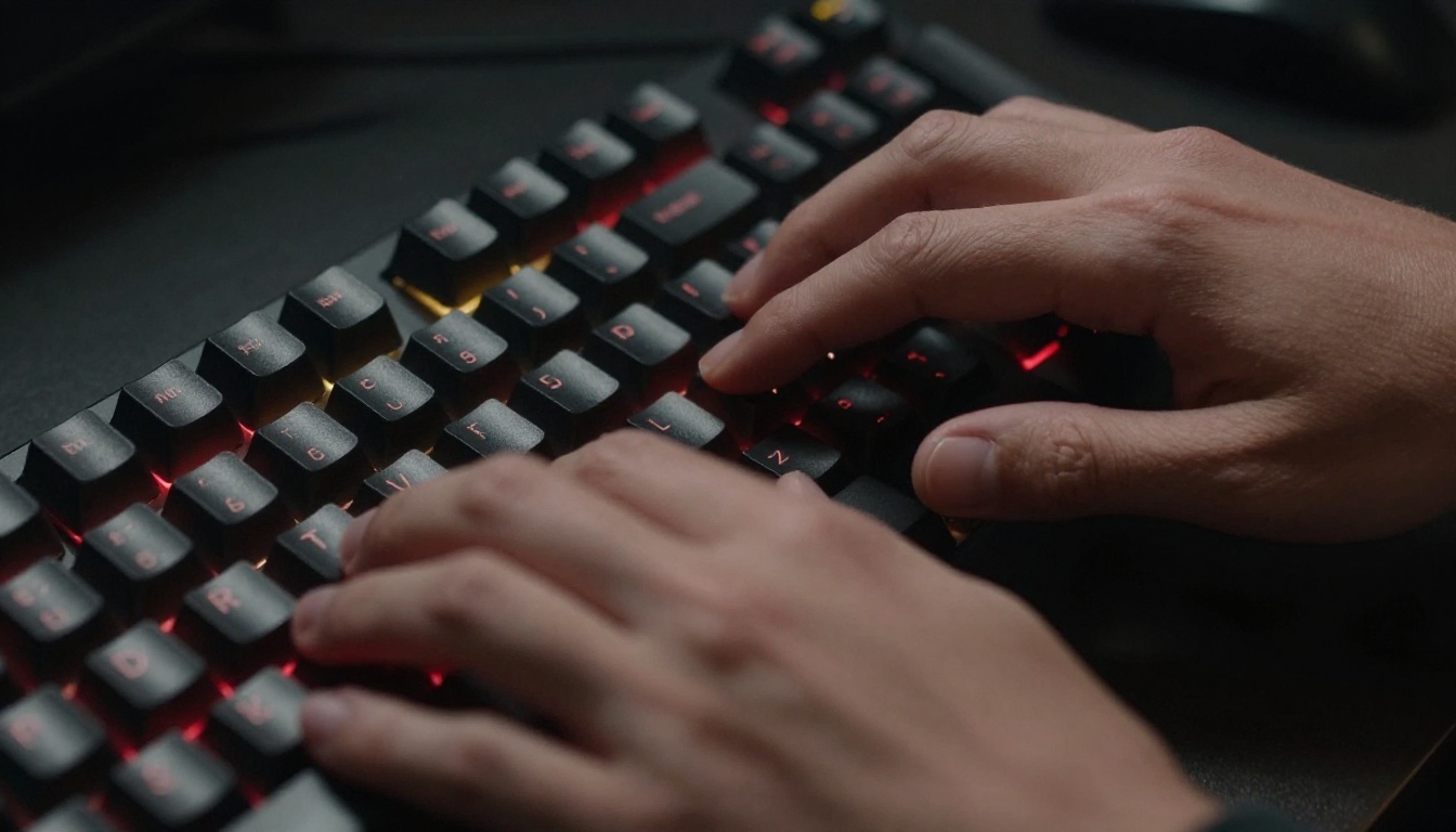 Hands typing on a mechanical keyboard in a dark creative studio