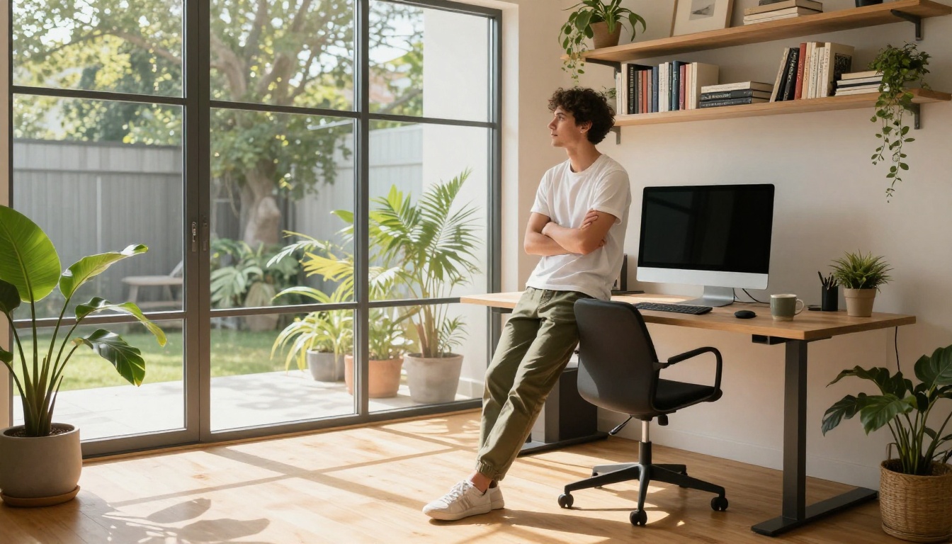Modern home office with natural morning light and creative professional
