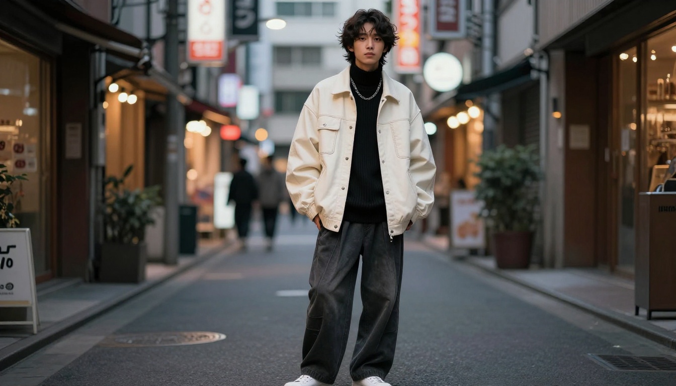 Anime-inspired streetwear male character in Tokyo urban alley at dusk