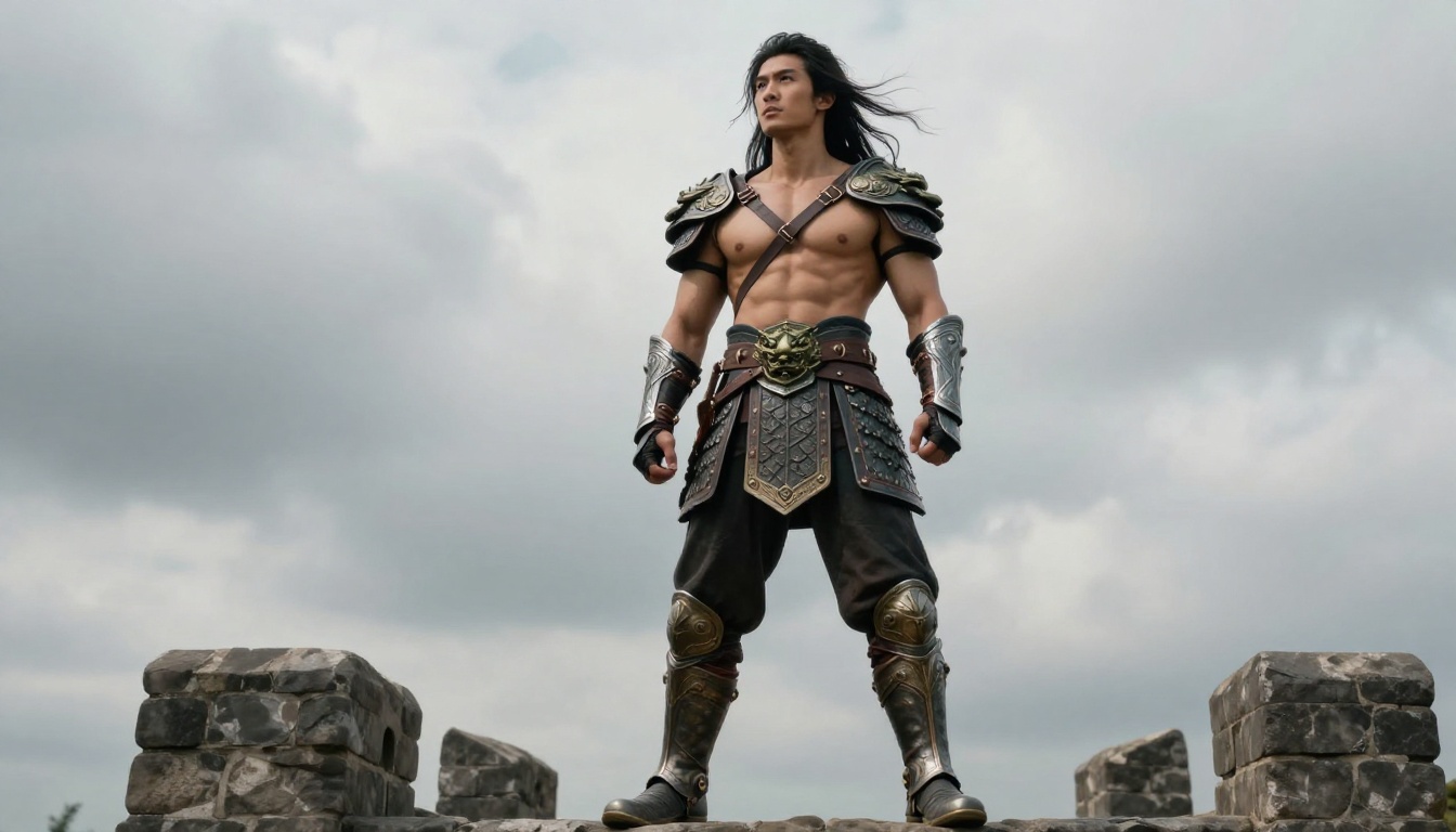 Fantasy battle warrior in asymmetric bronze armor standing on stone castle battlements