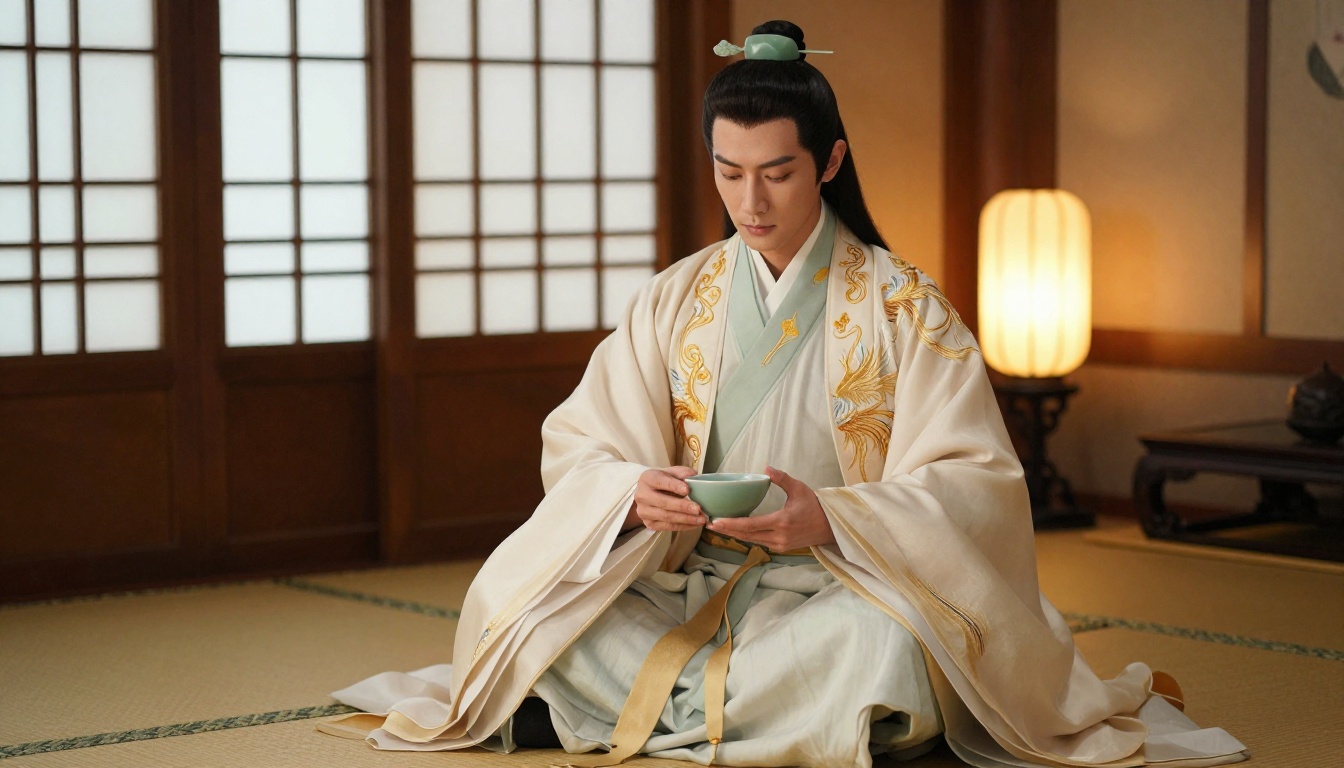 Elegant Asian male character in formal ivory gold hanfu court robe in traditional teahouse