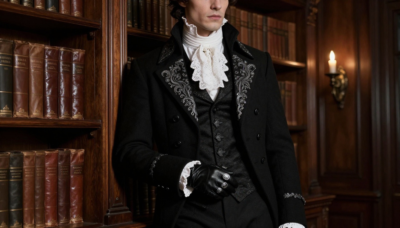 Gothic male character in black silver-embroidered frock coat in Victorian library interior