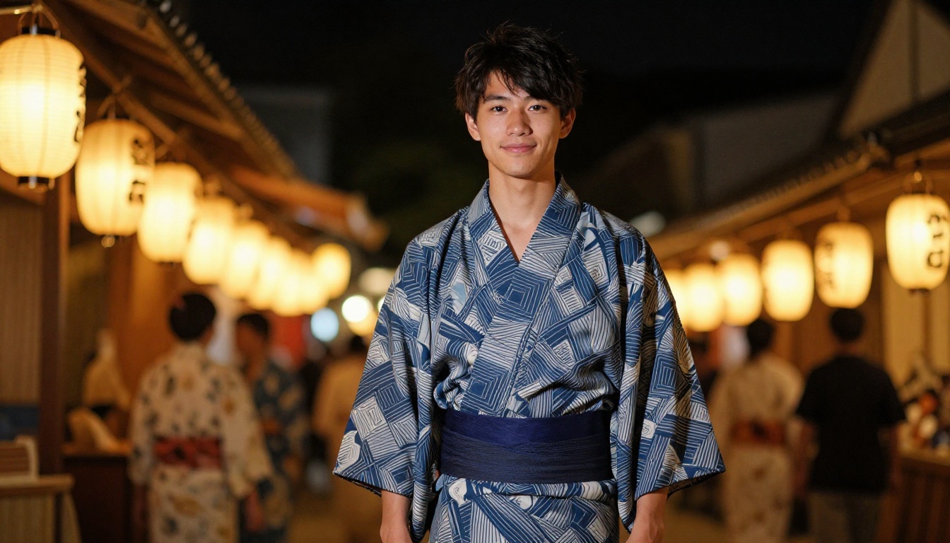 Asian male character in indigo festival yukata at Japanese summer festival with warm lantern bokeh
