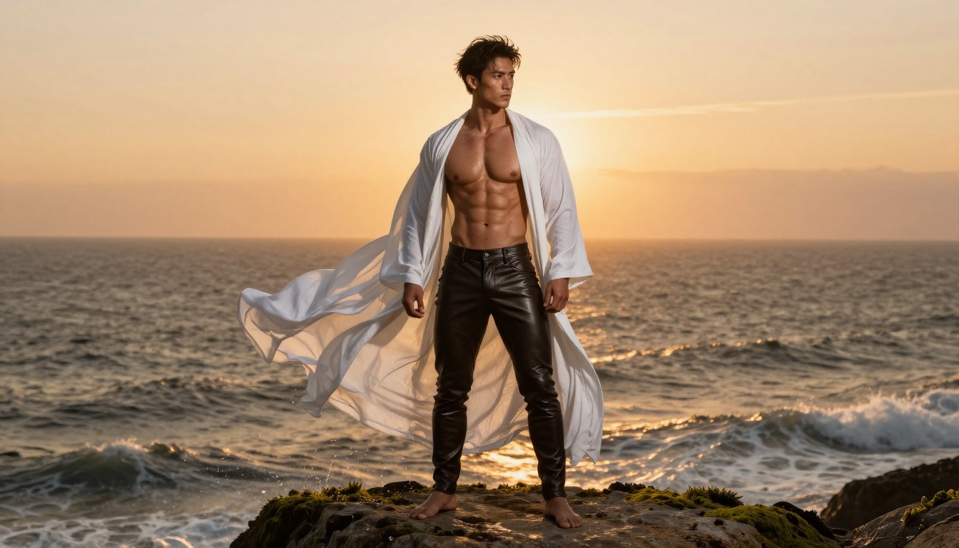 Male character shirtless in open billowing white robe at ocean cliff at golden sunset