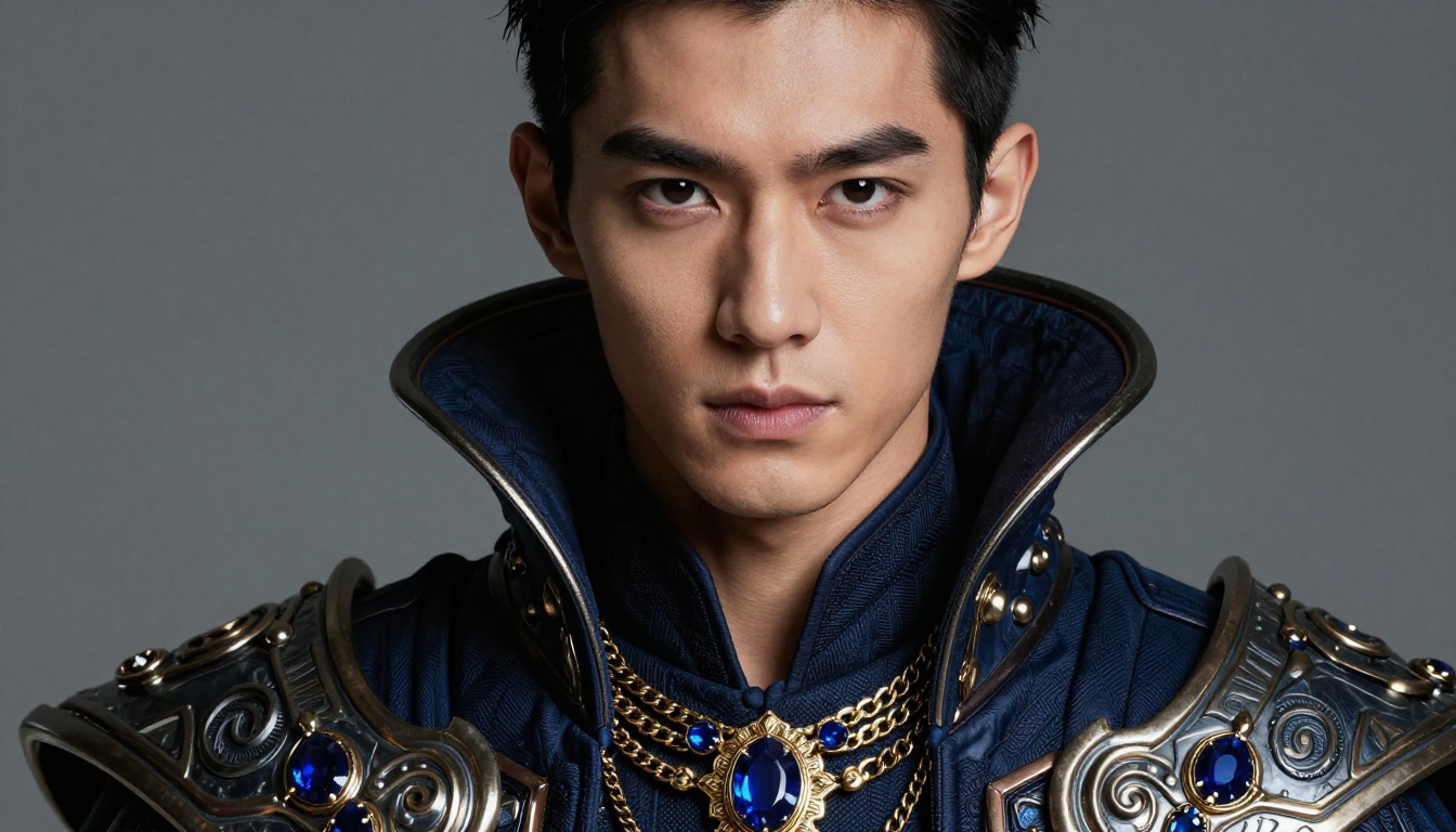Close-up portrait of young male character in custom fantasy armor pauldron and jewelry collar