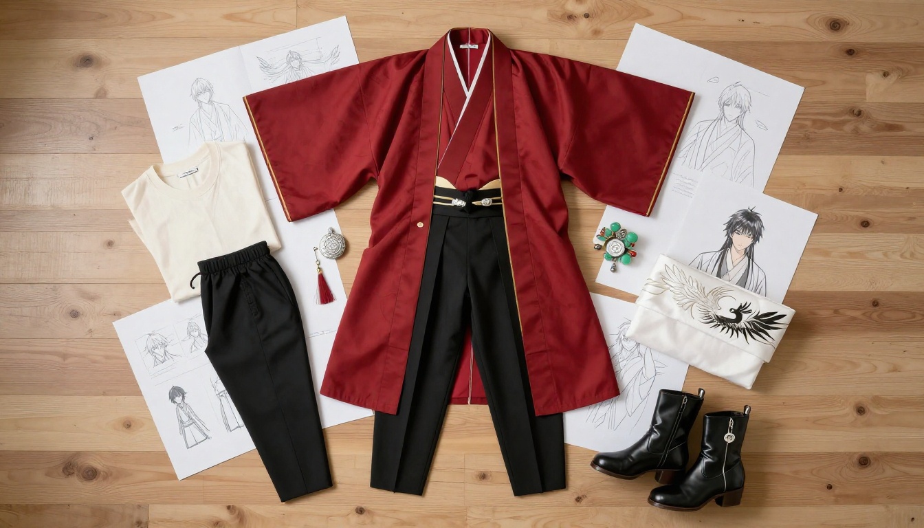 Custom anime husbando outfit wardrobe pieces arranged in aerial flatlay editorial