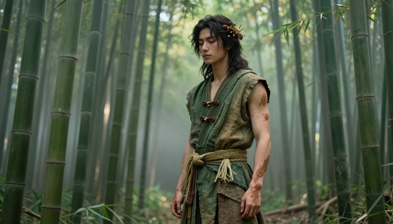 Male character in forest deity outfit standing in ancient bamboo grove at dawn mist