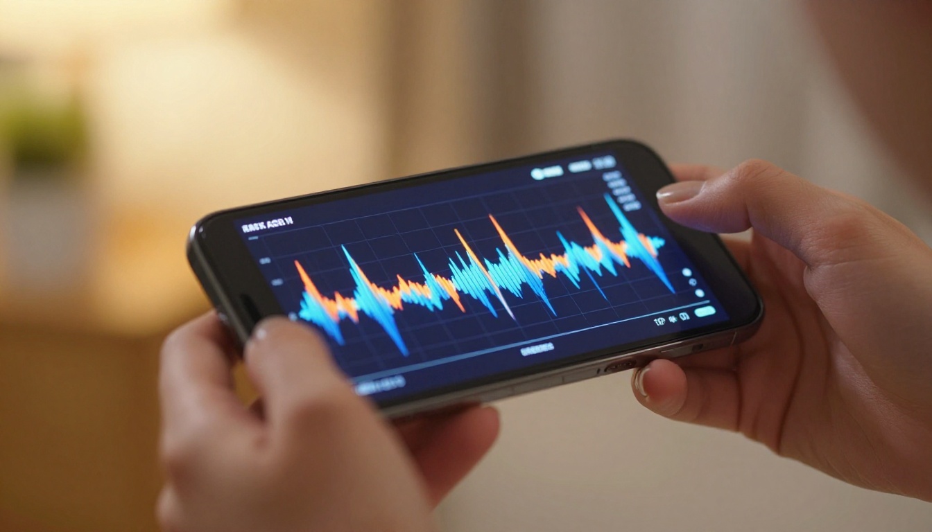 Smartphone displaying colorful audio waveform visualization Smartphone displaying colorful audio waveform visualization