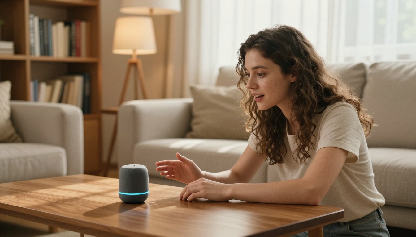 Young woman talking to smart speaker in cozy living room Young woman talking to smart speaker in cozy living room