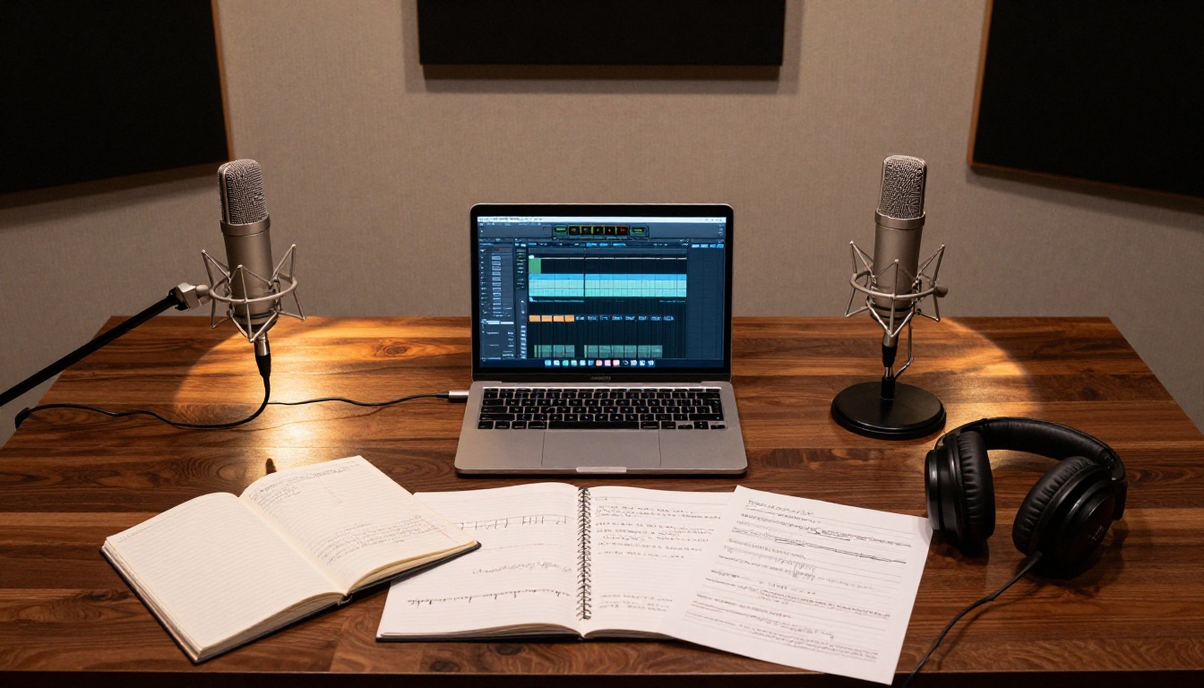 Overhead view of professional recording studio desk with microphones Overhead view of professional recording studio desk with microphones