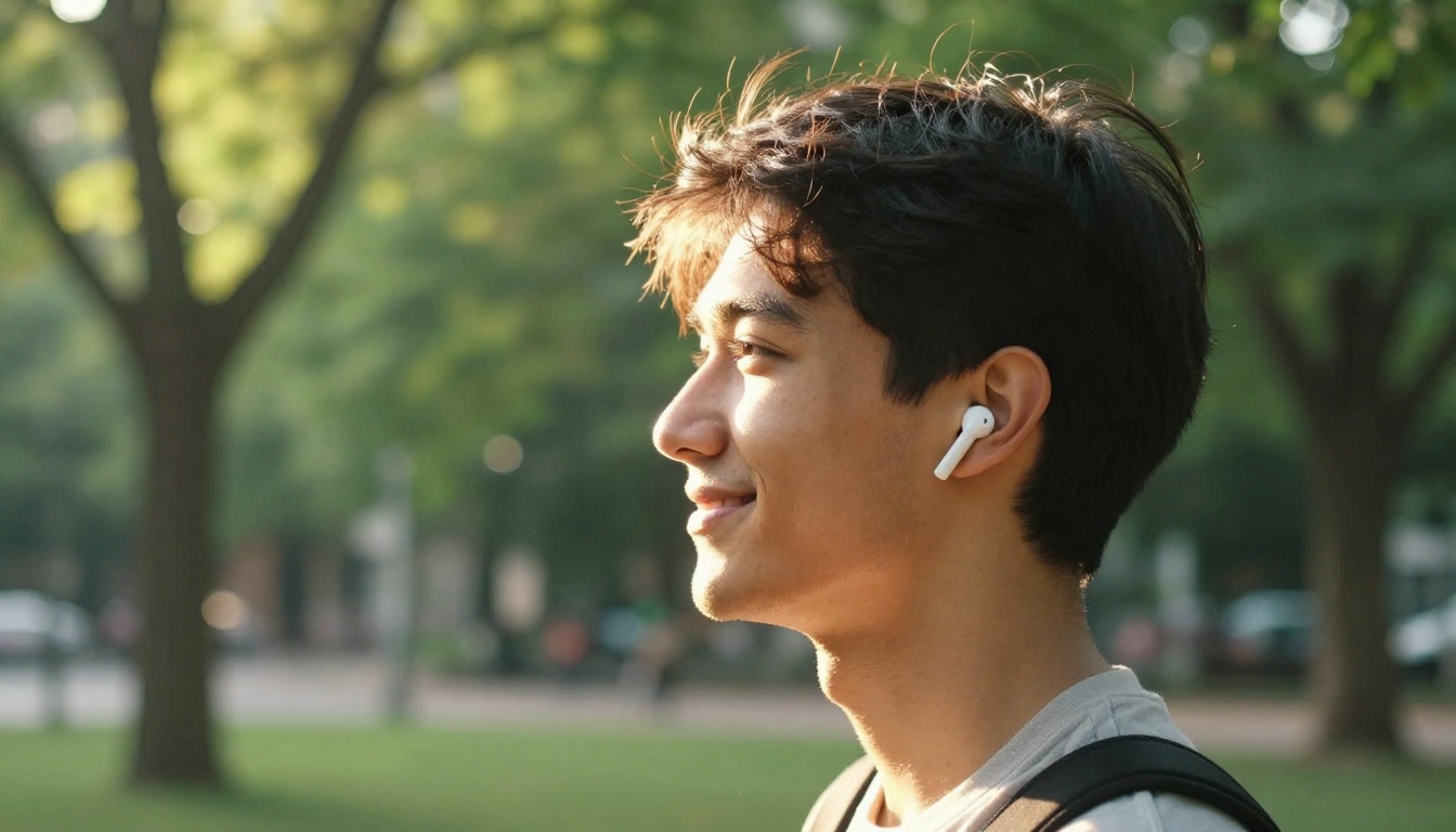 Man with wireless earbuds smiling outdoors in park Man with wireless earbuds smiling outdoors in park