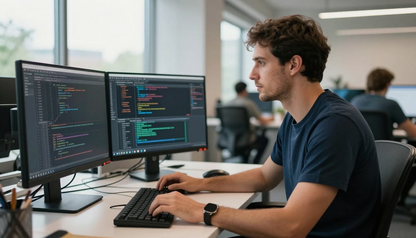 Developer at dual monitor setup in tech office Developer at dual monitor setup in tech office