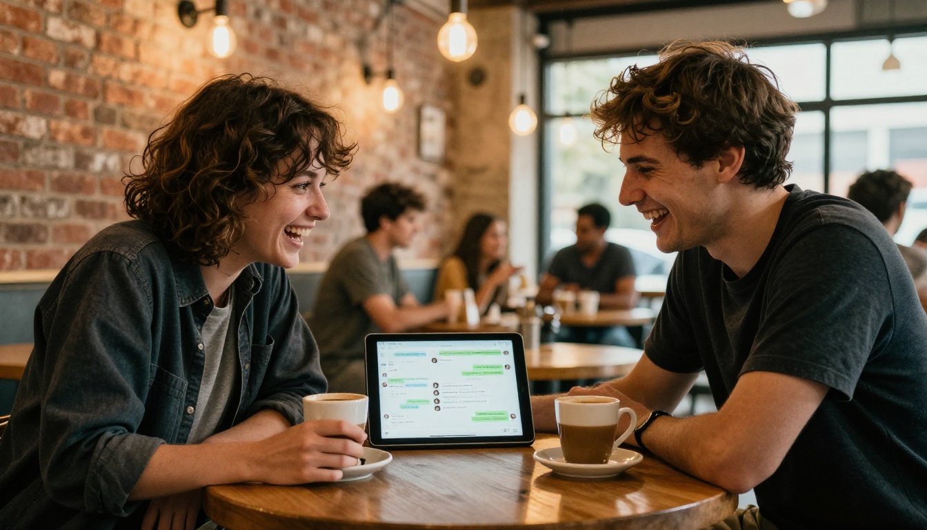 Two friends laughing at cafe while using tablet Two friends laughing at cafe while using tablet
